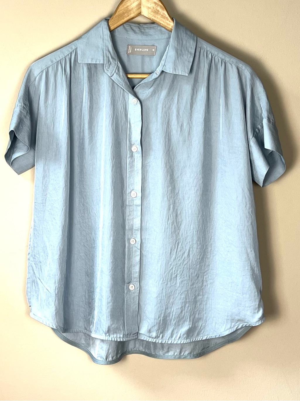 Everlane Blue The Boxy Washable Silk Short-Sleeve Button-Down Shirt Size 00